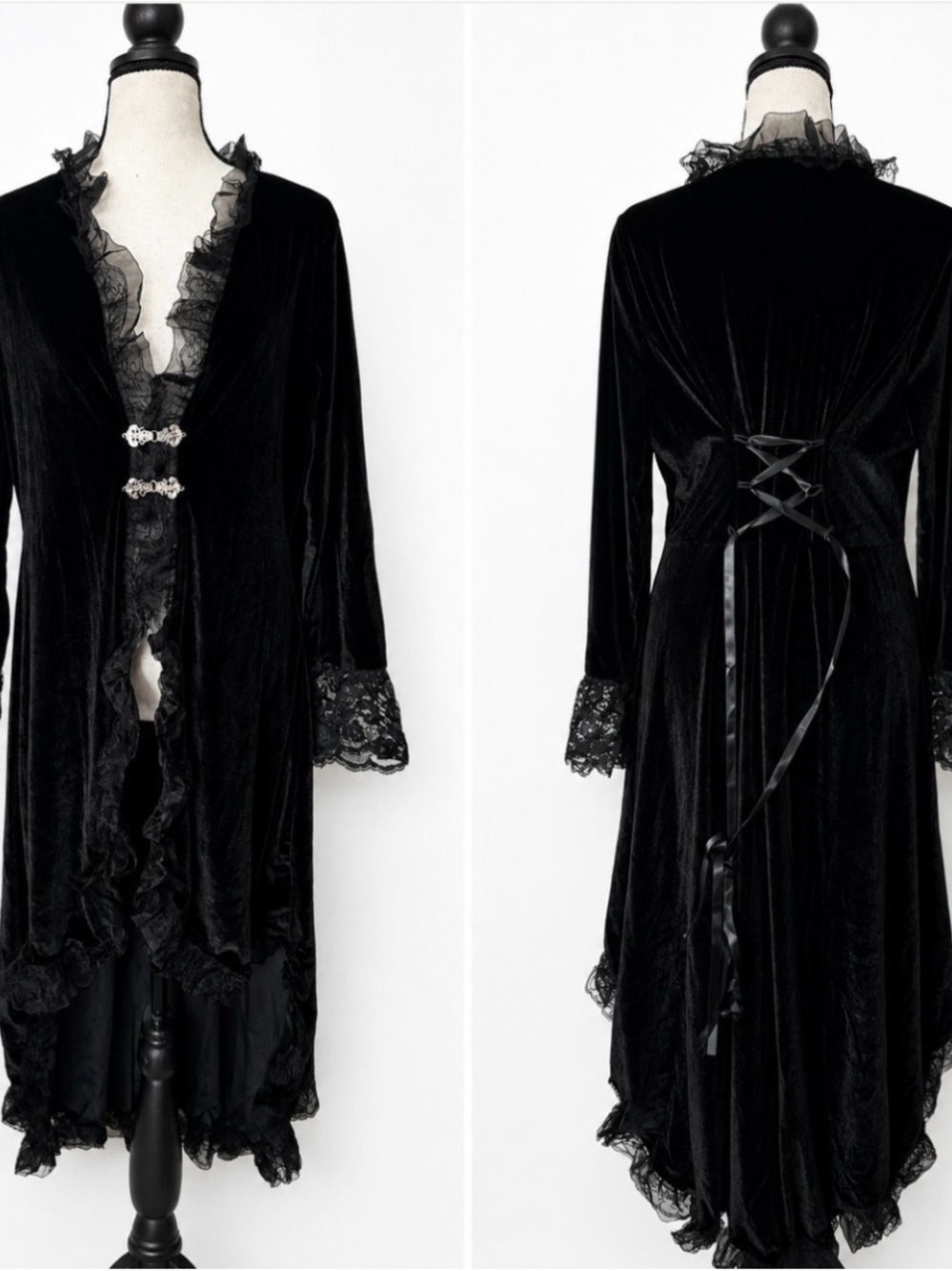 Whimsigoth Black Velvet Like Lace High Low Duster Coat Gothic Witchy Cardigan
